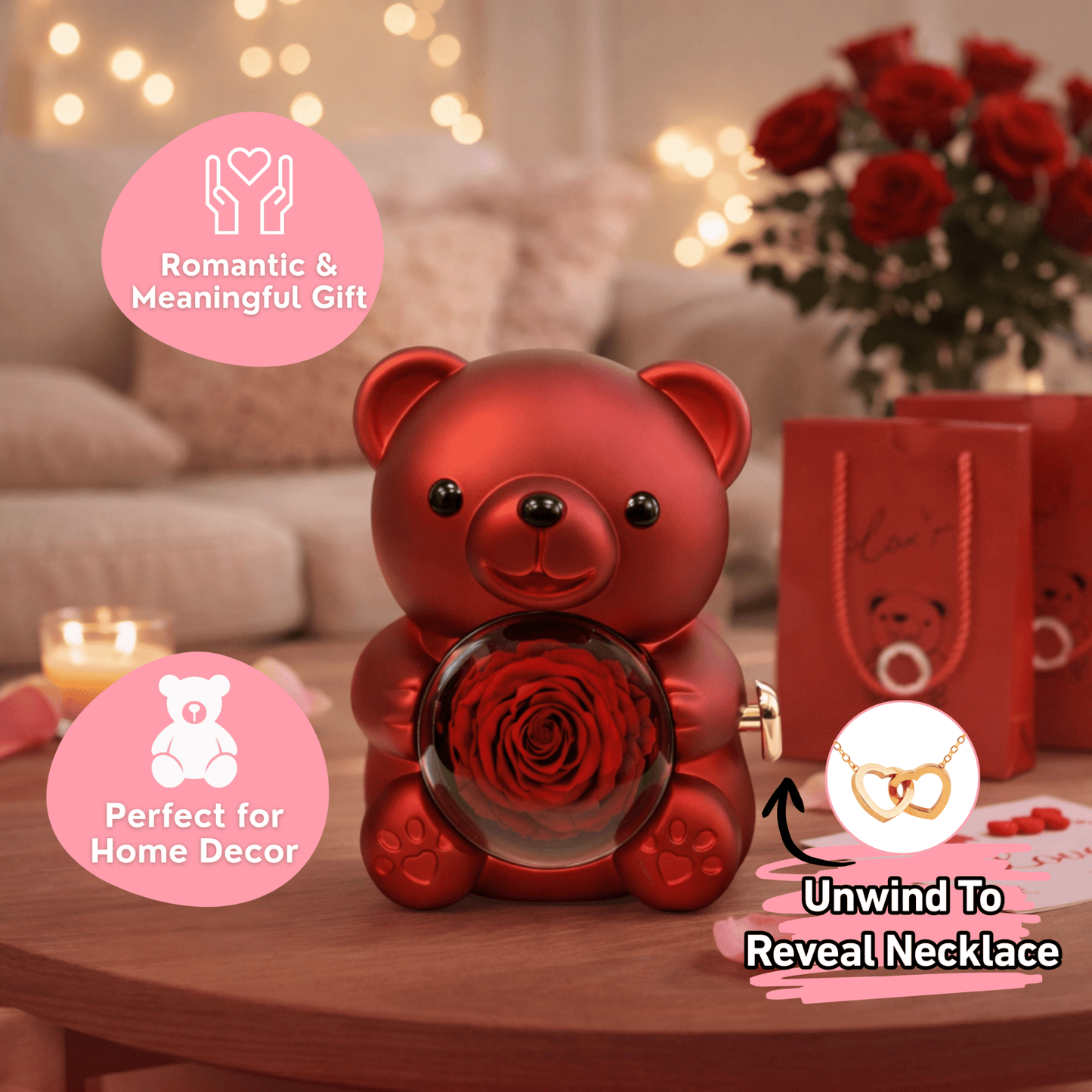 Eternal Rose Bear With Engraved Necklace